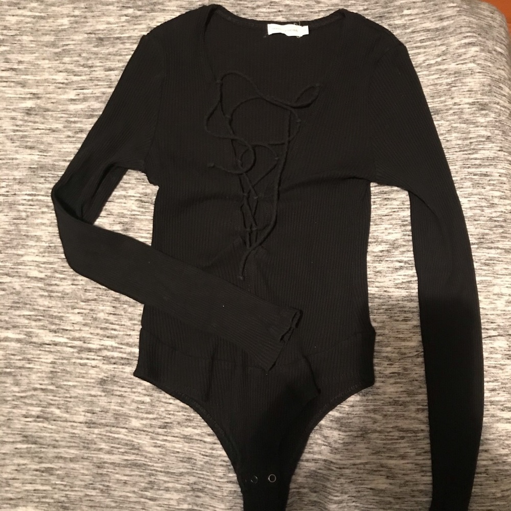 Long Sleeve Black Deep V Neck Lace Up Front